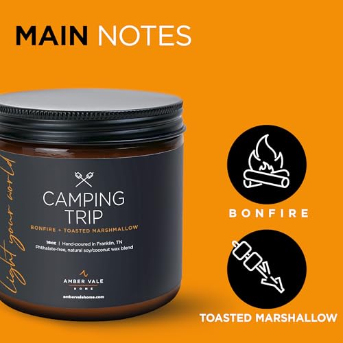 Amber Vale Home Camping Trip, Bonfire and Toasted Marshmallow Scented Natural Soy and Coconut Wax Candle, Phthalate Free, Non-Toxic and Healthy Clean Burning, 16oz Jar