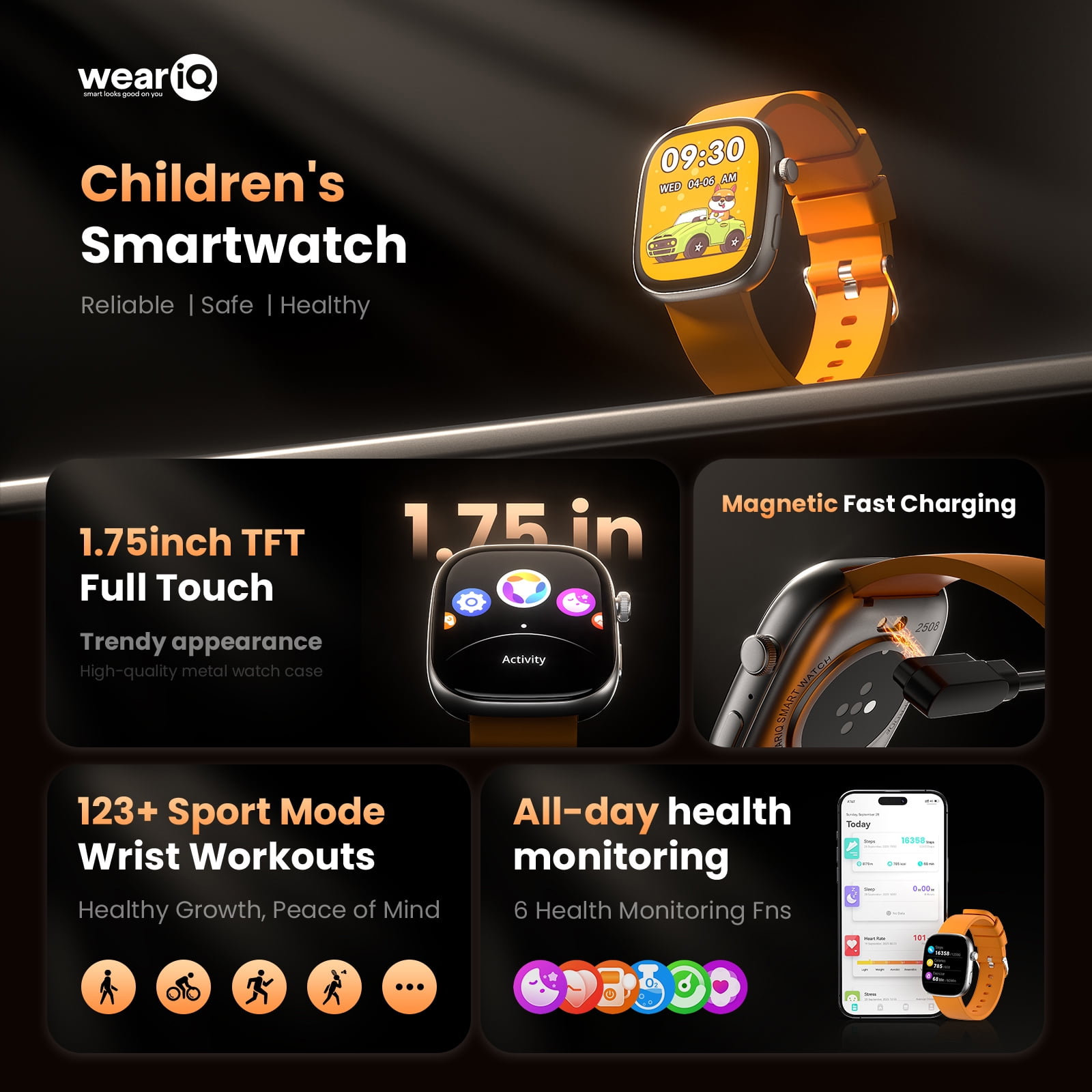 WeariQ Kids Smart Watch with 5 Color Straps,1.75" Large Screen, Bluetooth Calling 123 Sports Modes IP68 Waterproof,Fitness Tracker with Heart Rate Monitor All-in-One Gift for Active Kids