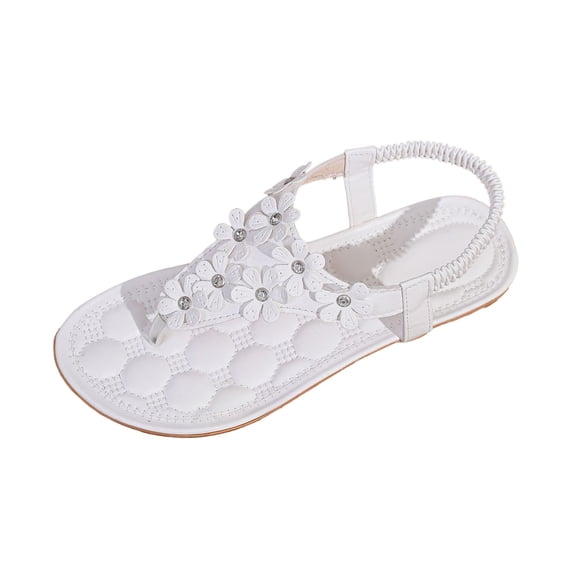 Fiaer Women's Floral Thong Sandals Flower Elastic Back Strap Summer Beach Flat Shoes Wedding Party Dressy Footwear White 9