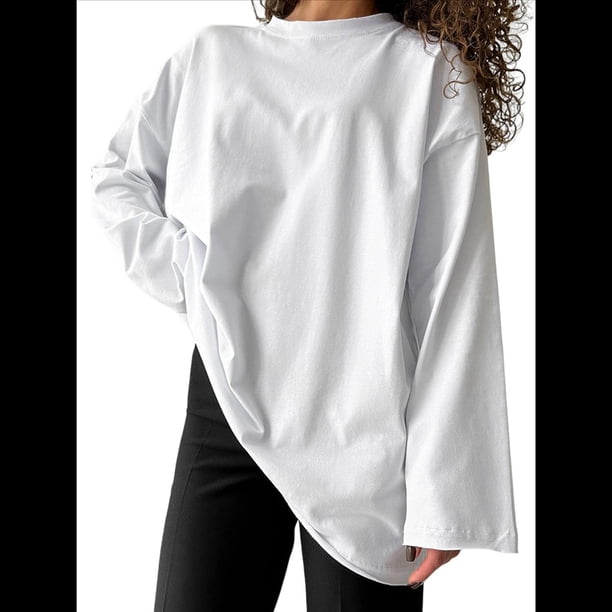 Camisetas de Larga con Cuello Redondo Extragrande para Mujer, Blusas Básicas de Otoño, Ropa Informal de Entrenamiento Y2K. S