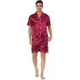 thumbnail image 1 of Ropa de dormir para hombres Top y pantalones de manga corta Ropa de dormir de verano Conjuntos de pijama de satén borgoña S, 1 of 4