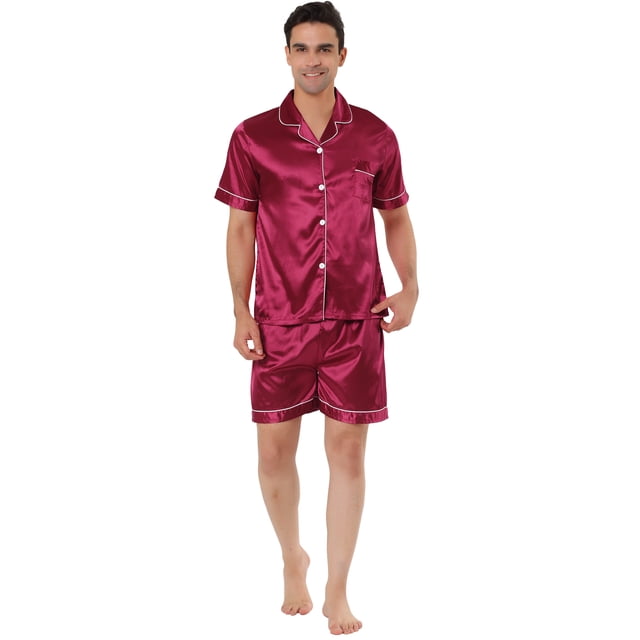 Ropa de dormir para hombres Top y pantalones de manga corta Ropa de dormir de verano Conjuntos de pijama de satén borgoña S