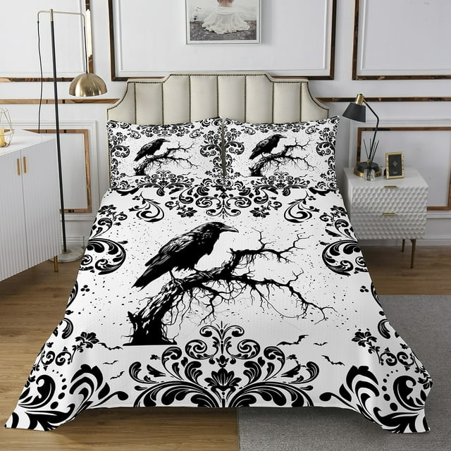 Erosebridal Ensemble de Couvre-Lit Réversible Gothique Corbeau Damassé Grand Lit Blanc