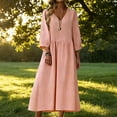 thumbnail image 2 of Feancey Summer Dresses for Women 3/4 Sleeve V Neck Linen Dress Solid Color Loose Fit Midi Dresses Flowy Swing Vacation Dress Pink XXL, 2 of 10