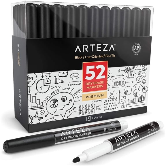 Arteza Dry Erase Markers, Fine Tip, Black, 52 Pack for School