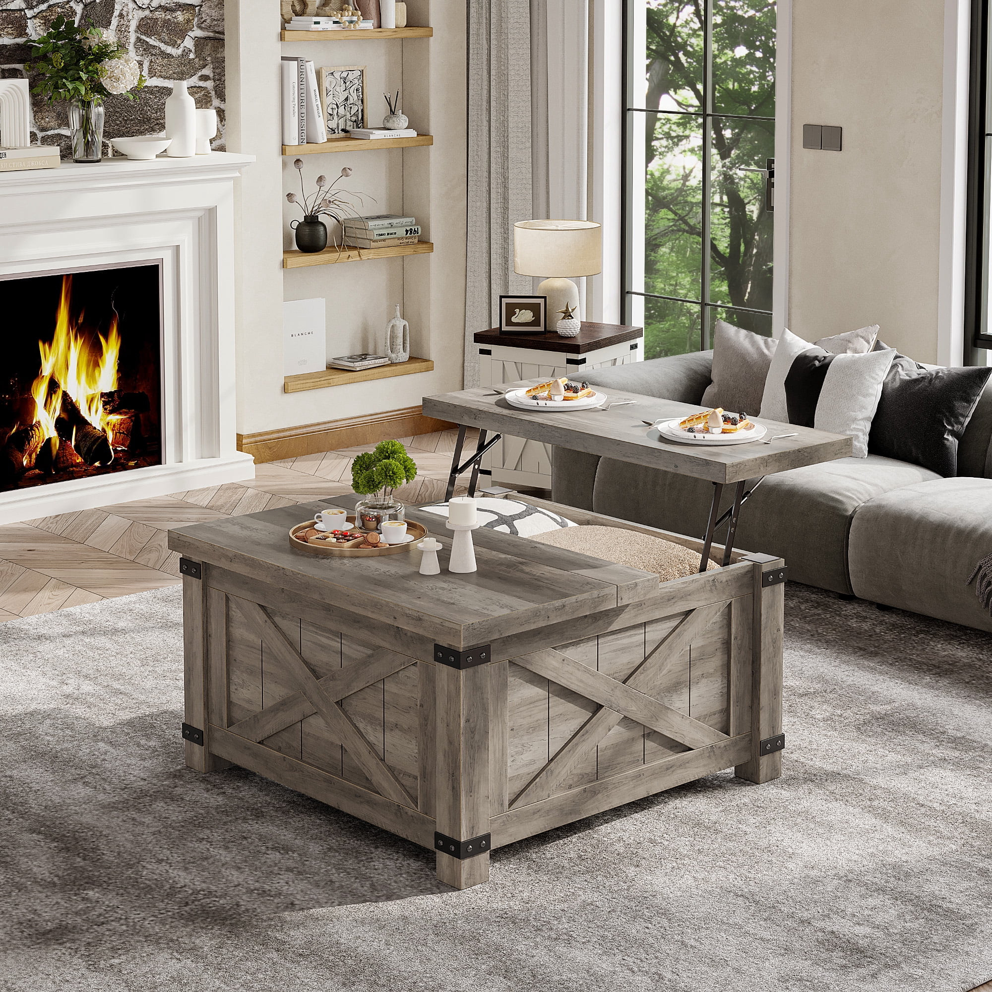 Romorgniz 35.7" W Square Lift Top Coffee Table Farmhouse Coffee Table with Large Hidden Storage Wooden Center Table for Living Room, Grey