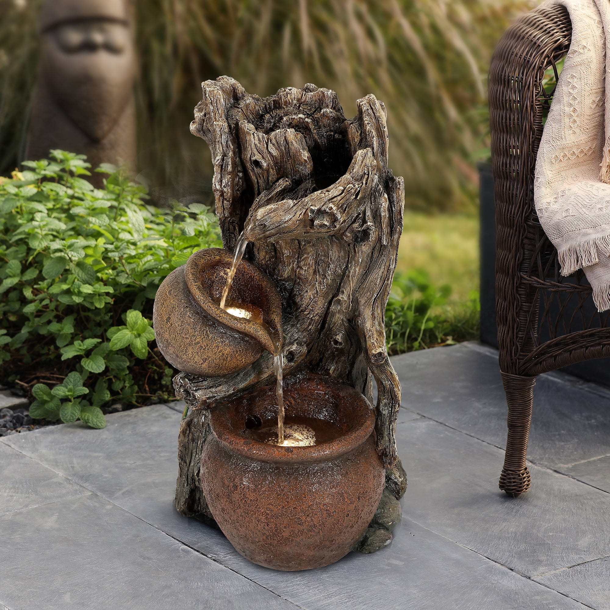 LuxenHome Brown Resin Tree Farmhouse Pots Outdoor Fountain with LED Lights
