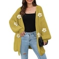 thumbnail image 3 of Female Sweaters Floral V-Neck Long Sleeve Sweater Open Front Knit Buttonless Trendy Sweater Outerwear Mustard One size, 3 of 8