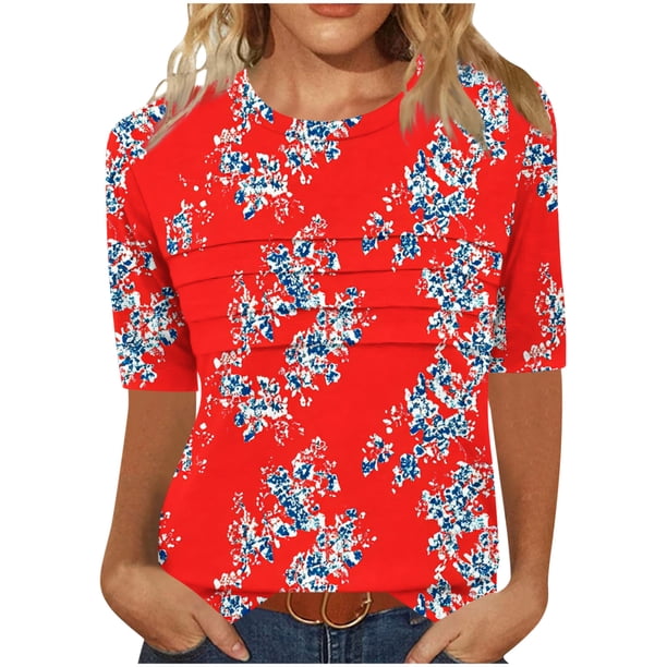 3/4 Manga Tops para las Mujeres Arrugado Cuello Redondo Suelto Ajuste Cortado Manga Superior Imitación Rack, Camiseta de Moda para el Uso Diario
