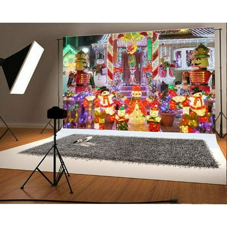 Image of Polyester Fabric Christmas Backdrop 7x5ft Photography Backdrop Xmas Decoration Snowman Colored Lights Square Festival Celebration Children Baby Kids Photos Video Studio Props