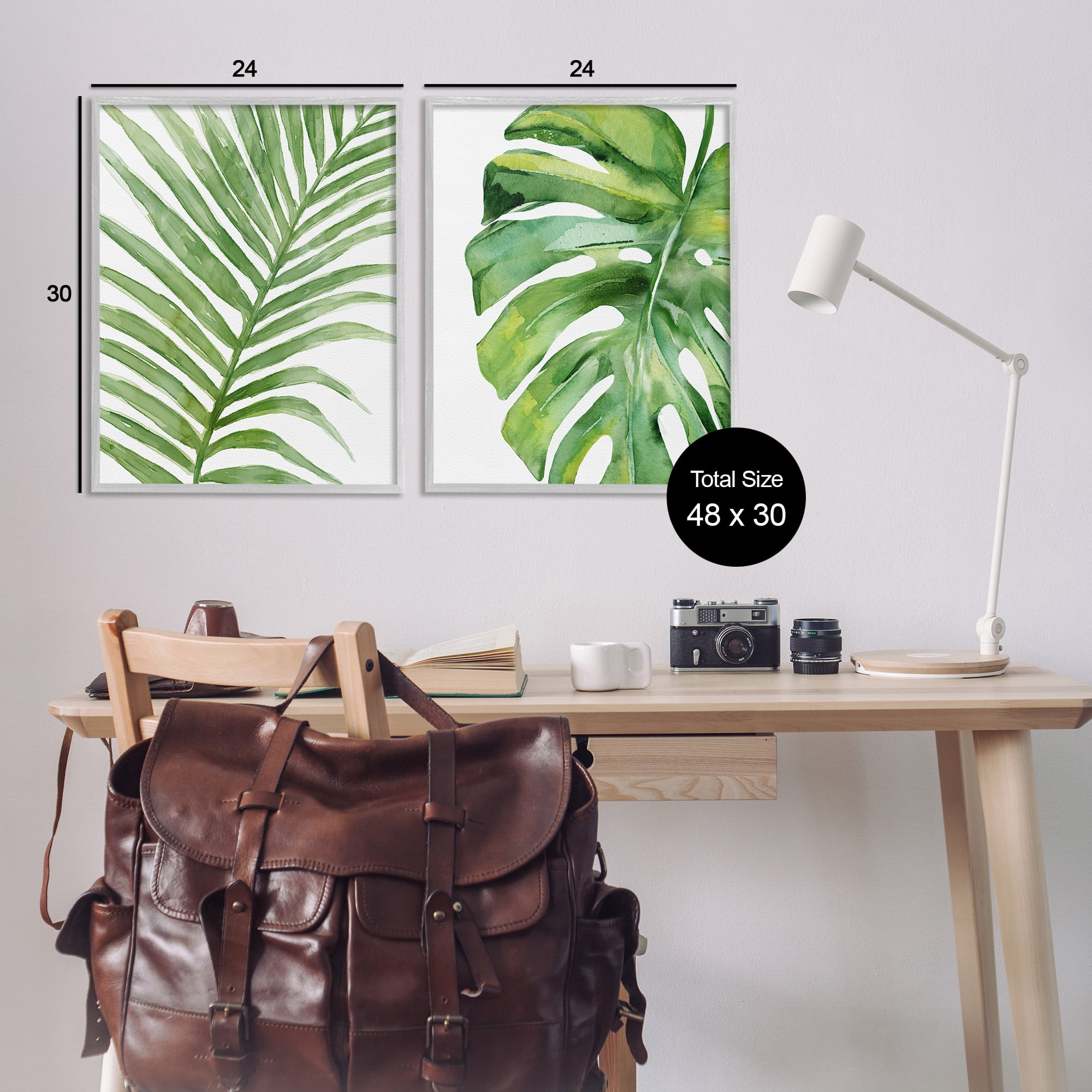 Stupell Industries Minimal Tropical Green Palms Botanical & Floral Painting Gray Framed Art Print Wall Art, 24 x 30, Set of 2