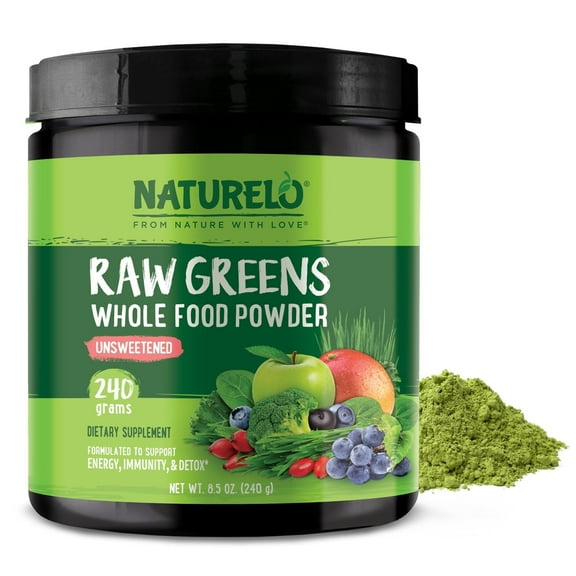NATURELO Raw Greens Superfood Powder - Unsweetened - Boost Energy, Detox, Enhance Health - Organic Spirulina - Wheat Grass - Whole Food Nutrition from Fruits & Vegetables - 240 Grams