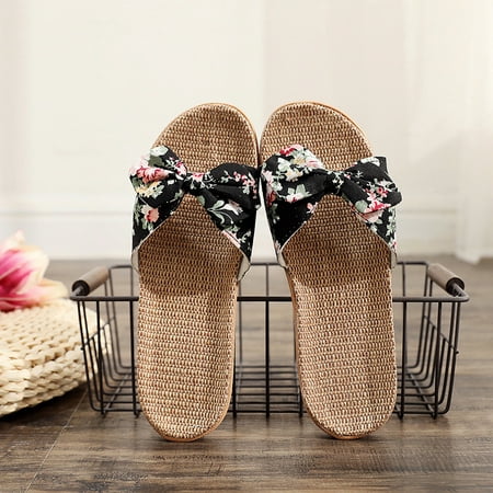 

uikmnh Slippers for Women Women Female Bowknot Flax Linen Flip Flops Beach Shoes Sandals Slippers Black 5.5