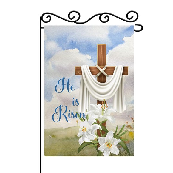 shiyou-He is Risen Garden Flag - Easter Cross God Bless Garden Decor - Christian Faith Vertical Yard Porch Flag - Religious Cross Farmhouse Indoor Outdoor Decoration -Double Sided 12 x 18 Inch