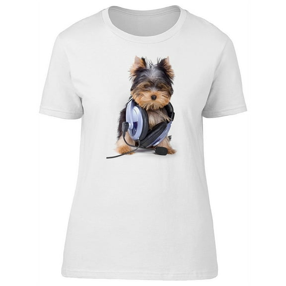 Cute Puppy Yorkie & Headphones T-Shirt Women -Image by Shutterstock, Female Small