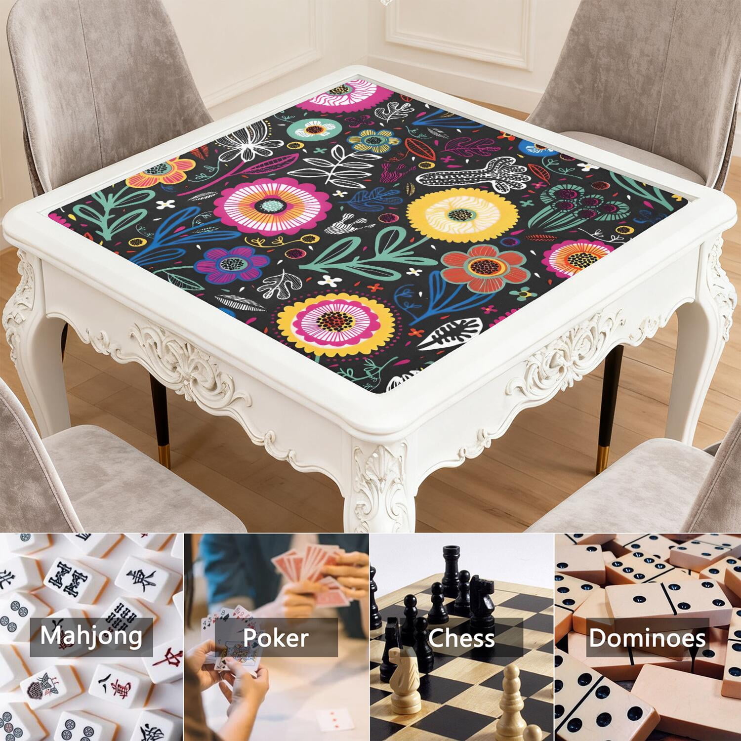Boho Mahjong Mat for Table, 31.5*31.5in Anti Slip American Mahjong Table Cloth, Noise Reduction, Neoprene Mah jongg Mat with Carrying Bag & 3 Dices, Mahjong Accessories Gift for Board Tile Games Mats