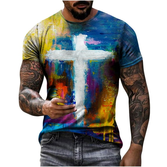 JINMGG Mens Tops under $5,Men's Unisex Daily T Shirt 3D Print Graphic Prints Cross Print Short Sleeve Tops Casual Blouse,Yellow XXL