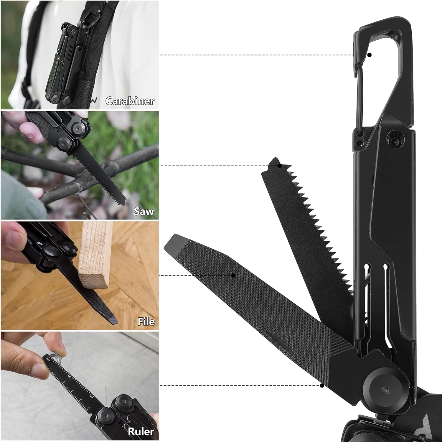 FLISSA 15-in-1 Portable Multitool with Pliers, Pocket Knife, Safety Locking System, Belt Clip and Sheath, for Camping, Survival, Outdoors