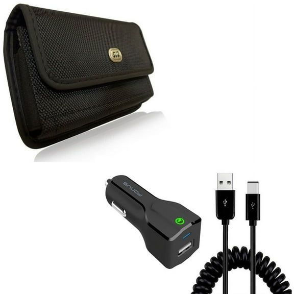 Car Charger & Case Belt Clip for iPhone 15 Pro Max - 18W Fast USB Port Coiled Cable Type-C and Rugged Holster Canvas Cover J7W for iPhone 15 Pro Max (6.7")