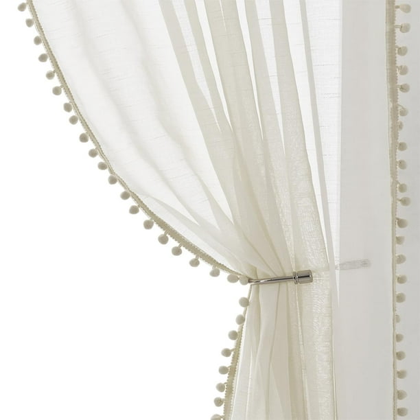 Cortinas Treatmentex con pompones de lino transparente, 160 x 160 cm, 2 unidades, color beige