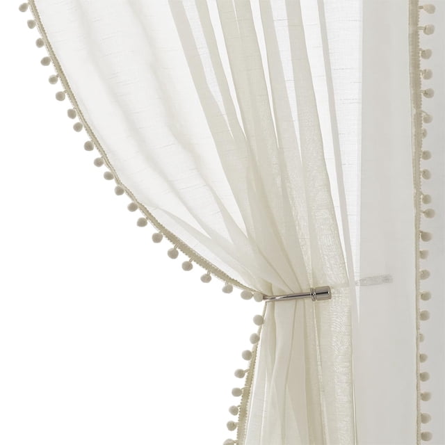 Cortinas de lino transparentes Treatmentex con pompones, 213 x 213 cm, color beige, 2 pares