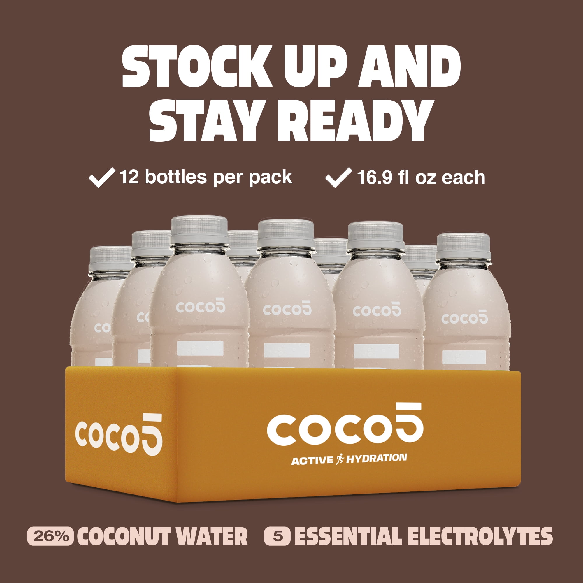 COCO5 Original Coconut Water, Pure Active Hydration with 5 Electrolytes, 50% Less Sugar, Caffeine Free, Vegan, 16.9 oz, 12 Count