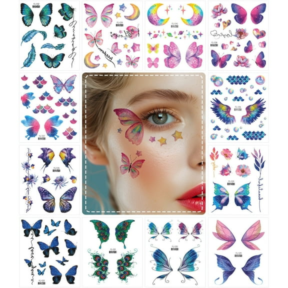Wrapables Waterproof Glitter Butterfly Wings and Fairy Design Temporary Tattoos for Women, Eye, Face, and Body Makeup for Parties, Beach, Festivals (12 Sheets)
