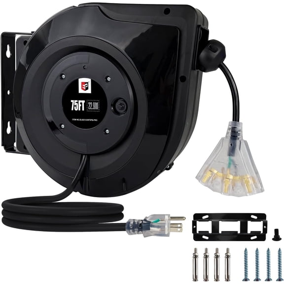 EP Retractable Extension Cord Reel,75 Feet 14 AWG/3C SJTOW Heavy Duty Power Cord,10 AMP Circuit Breaker, 3-Lighted Triple Outlets,Ceiling or Wall Mount Use Indoor, Red