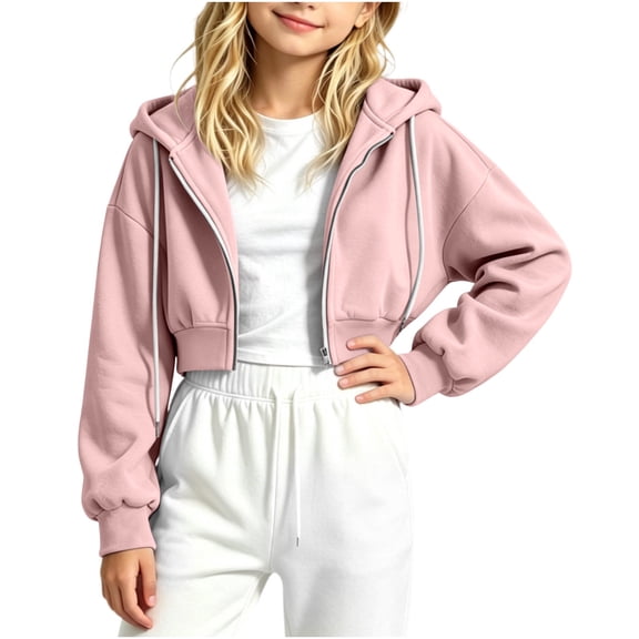 ZOYOEN Girls Cropped Zip Up Hoodie- Long Sleeve Fashion Fall Casual Kids Track Jacket Pink Size 6-14 Years