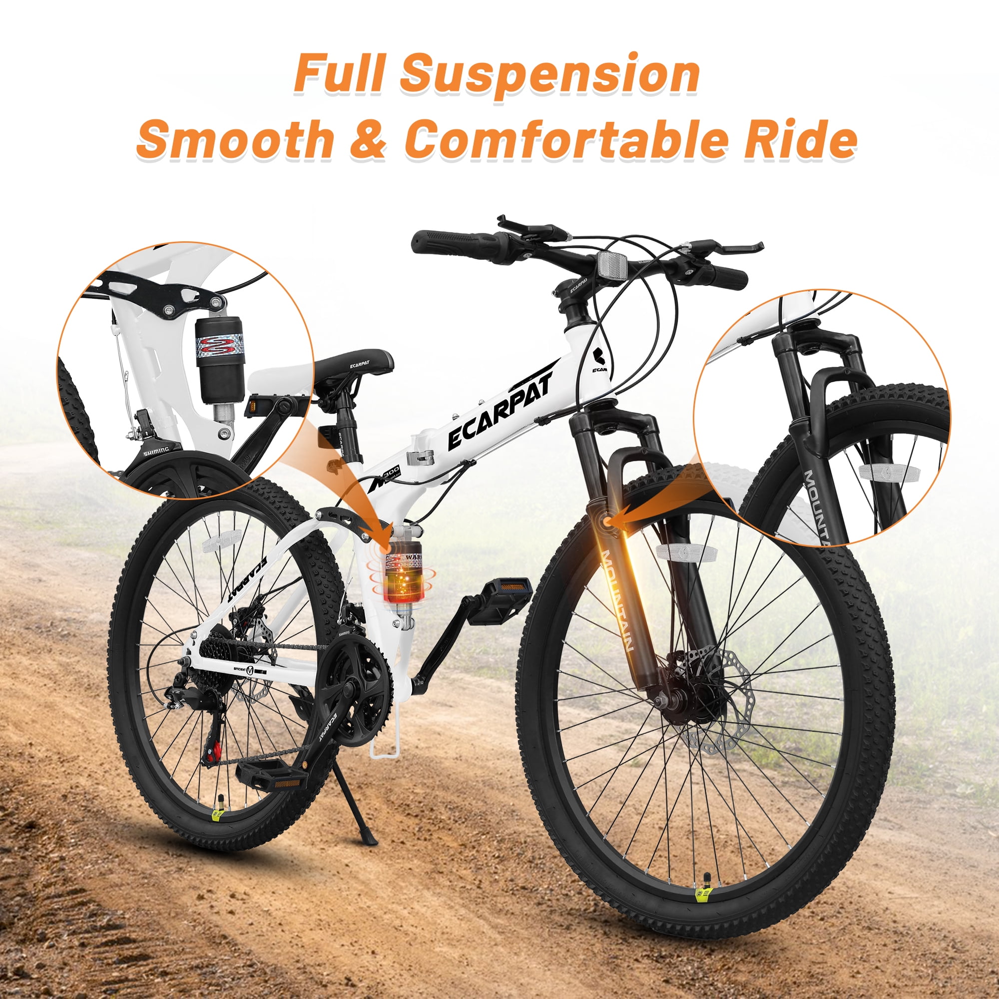 Ecarpat 26 Inch Folding Mountain Bike, 21 Speed Full Suspension Bicycle Dual Disc Brake, Durable Steel Fold Bike for Women and Man