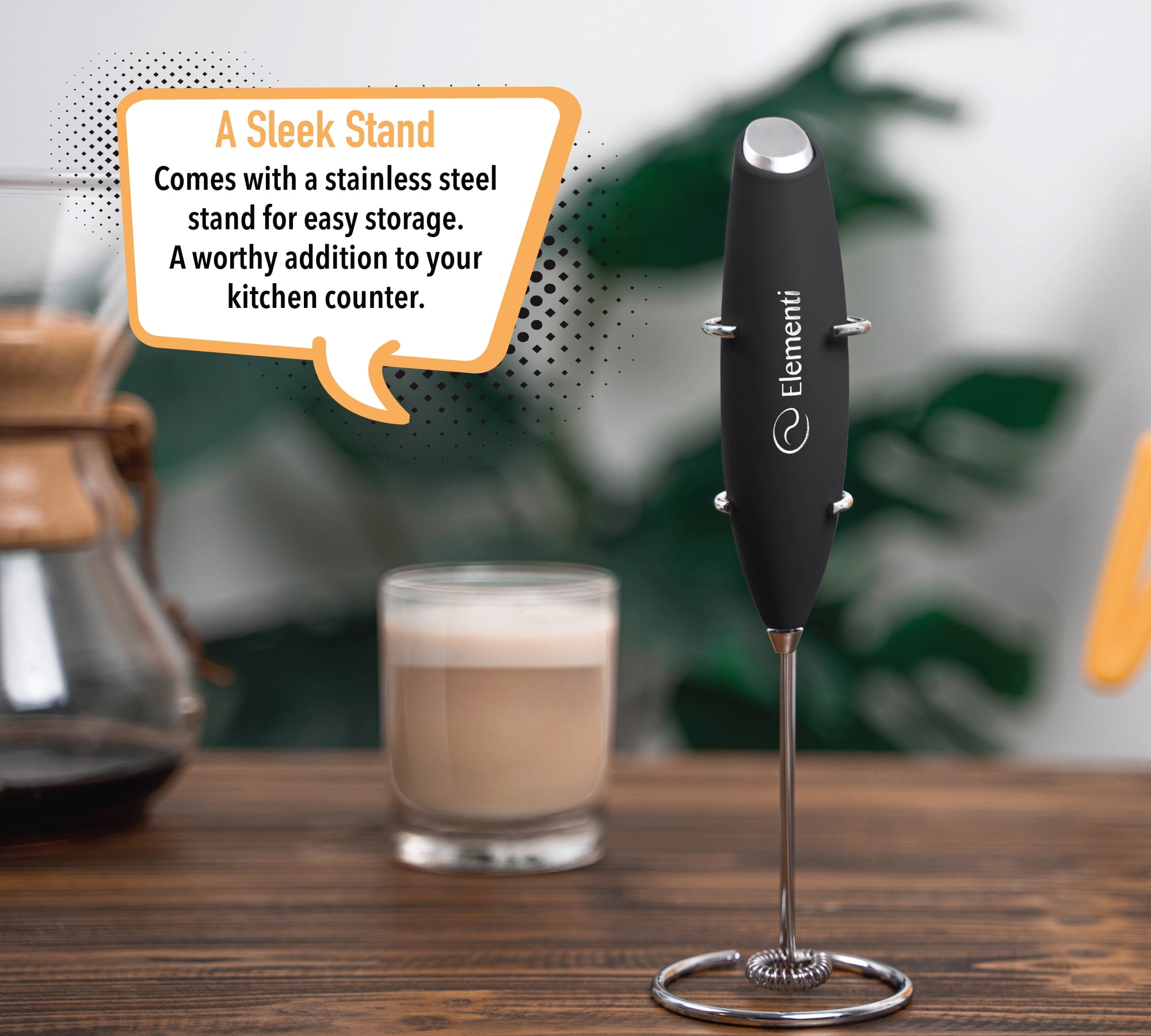 Elementi Milk Frother Wand - Handheld Blender - Hand Frother For Coffee,  Milk or Cappucino - Drink Mixer Electric Handheld - Coffee Mixer Wand &  Stick - Bar Accessories (Silver)