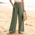 thumbnail image 2 of Wide Leg Pants for Women Cotton Linen Stretchy Elastic Waist Palazzo Pants Work Casual Trendy Lounge Trousers with Pockets OIOLOYJM Army Green 2XL, 2 of 5