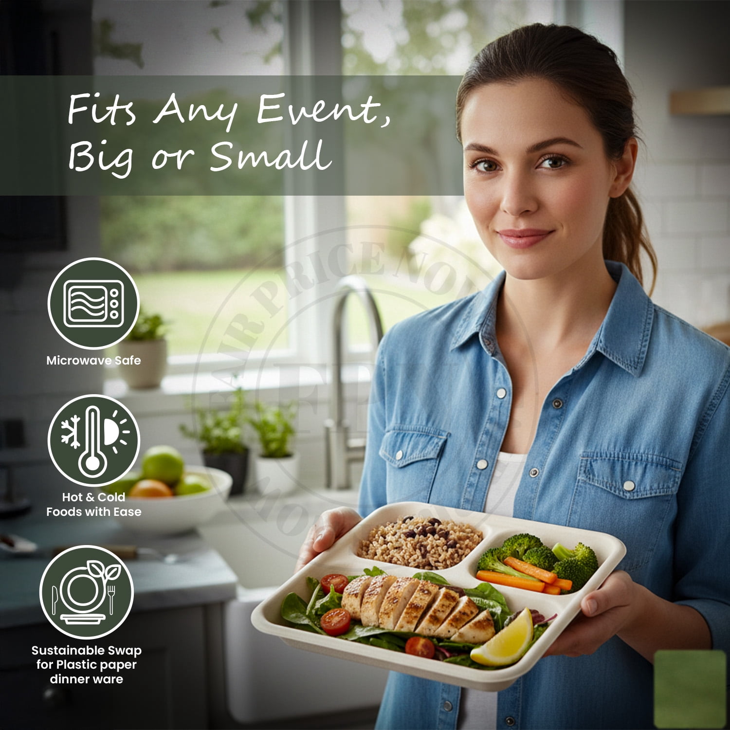 FPN Plates Square 3-Compartment 125 Pack Disposable Trays – Sugarcane Fiber, Biodegradable & Compostable, Paper Plates for Meals, Catering, School Lunch, Microwave & Freezer Safe
