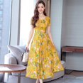 thumbnail image 2 of Robe Longue d'Été à Fleurs pour Femmes, Robe Décontractée à Col Rond, Manches Courtes, Bureau, Dames, Élégante, Vintage, Boho, Soirée, Jaune TG, 2 of 6