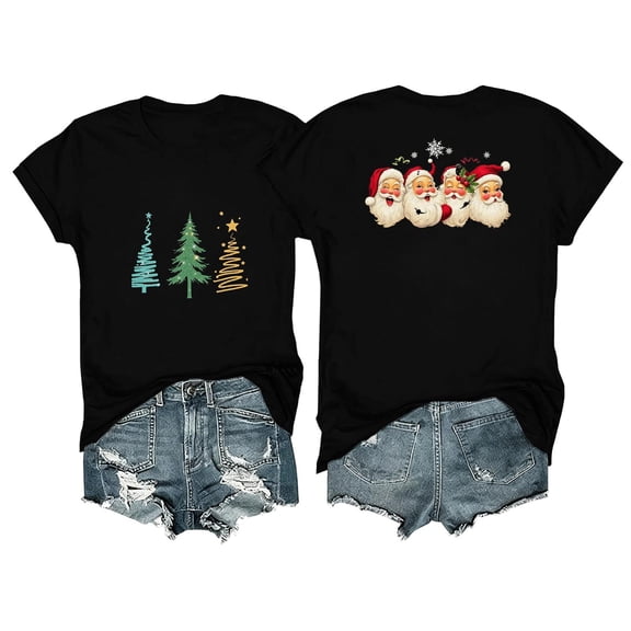 gbyLJF Women's Double Sided Christmas Shirt Tree Front Santa Back Print Short Sleeve Crewneck Casual Holiday Top