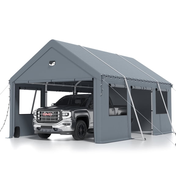 10 ft. W x 16 ft. D Carport Canopy with Side Doors, Heavy Duty Car Ports with Sidewalls, Drive Through Portable Garage, Grey