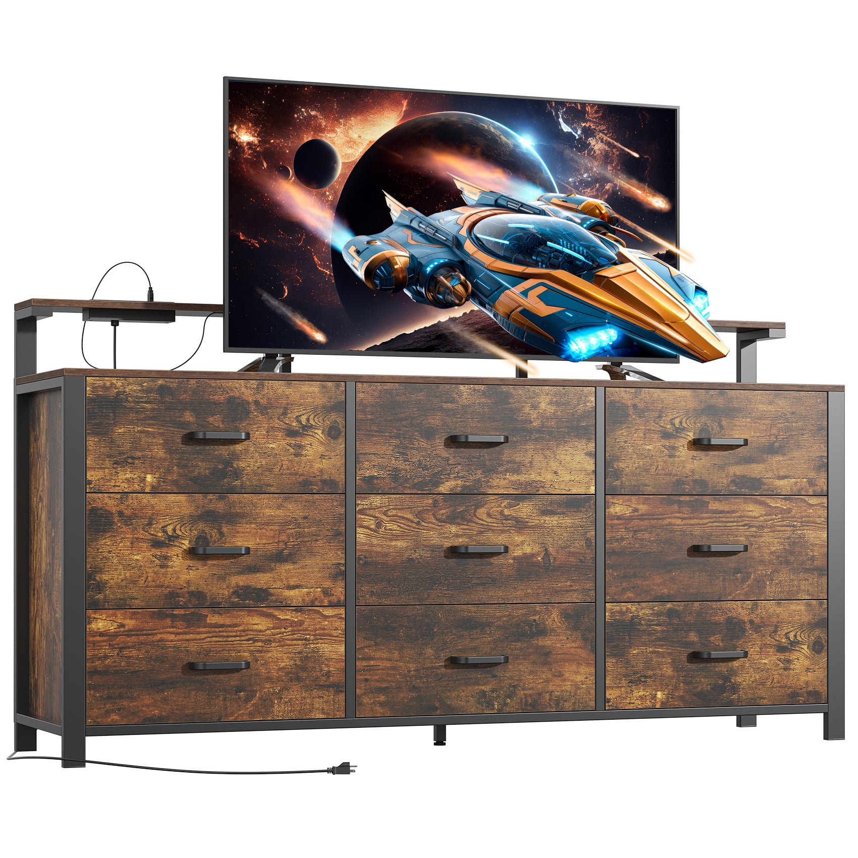 Winkalon 9 Drawer Dresser with LED Light & Charging Station, 63" Long Modern Dresser with 9 Drawers for Bedroom, Wooden Dresser Large Closet of Drawers