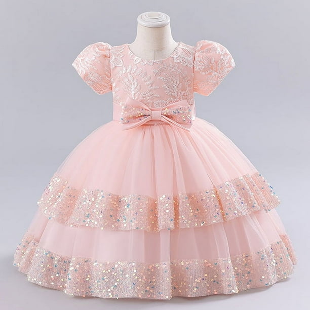 Vestido para niñas, vestido bordado con lentejuelas, lazo, manga corta, falda de princesa abullonada