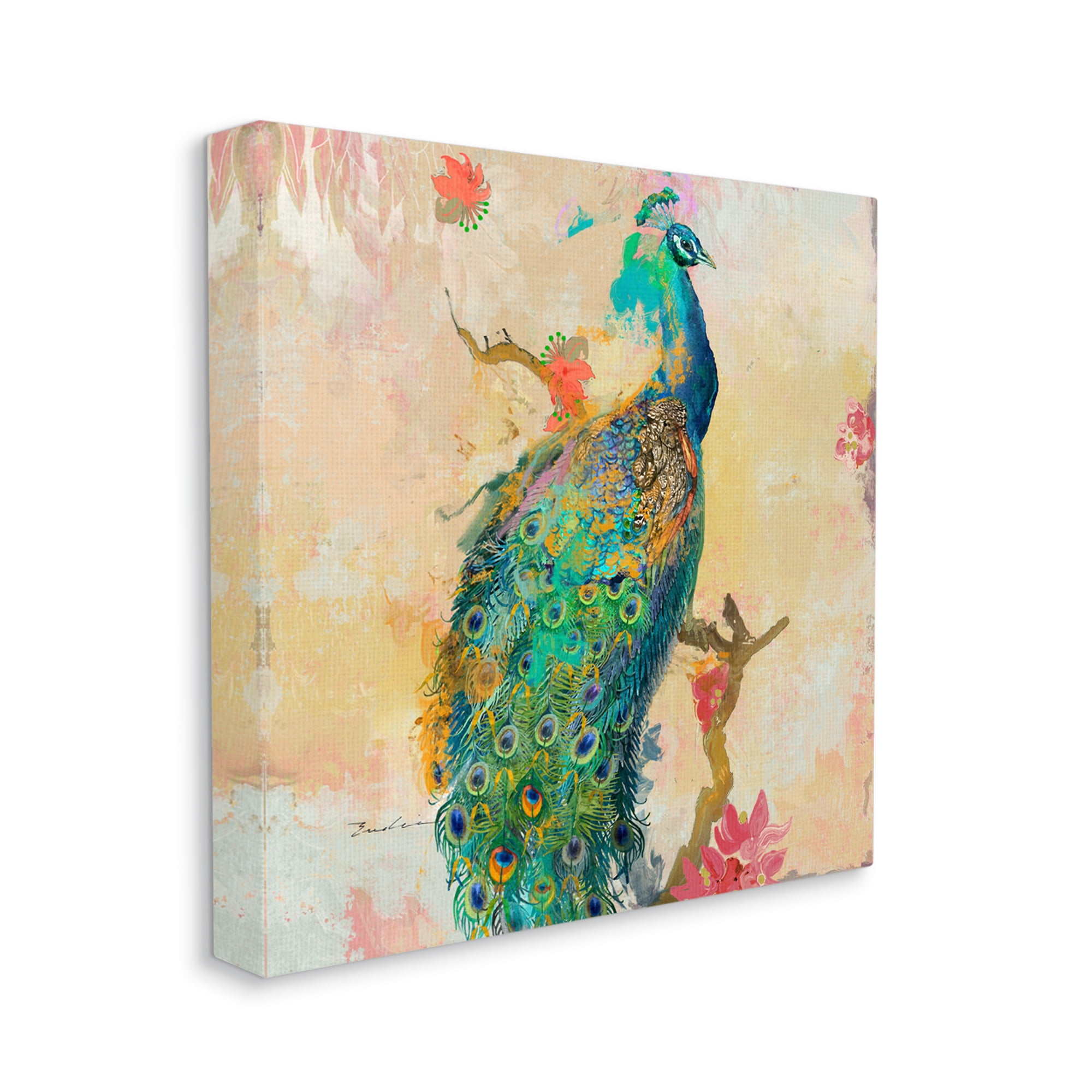 Stupell Modern Peacock Cherry Blossoms Animals & Insects Painting Gallery Wrapped Canvas Print Wall Art
