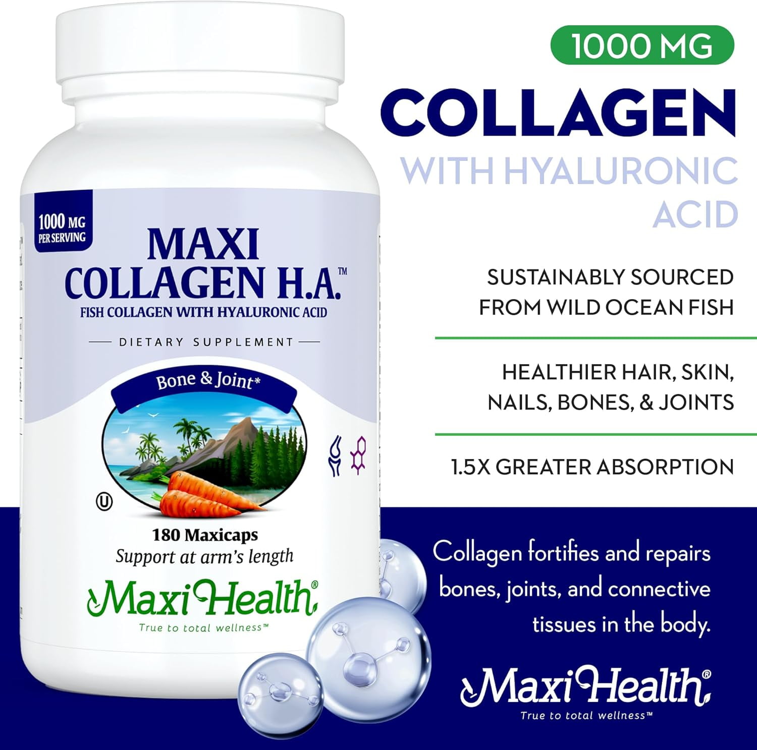 Maxi Health Marine Collagen with Hyaluronic Acid – Joint, Bone & Skin Support – 180 Capsules