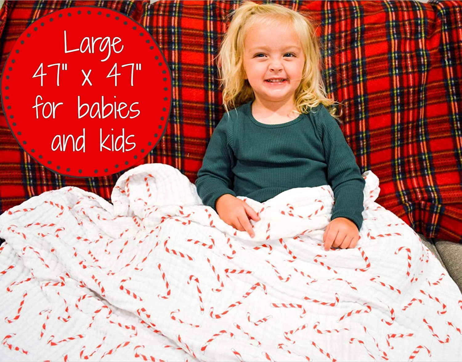 LollyBanks Candy Cane Baby Holiday Blanket Christmas Muslin Quilt, 47"x47", 1 Pack