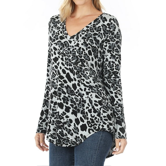 A2Y Women's Luxe Rayon Leopard Print Long Sleeve High-Low Hem Tops Grey XL
