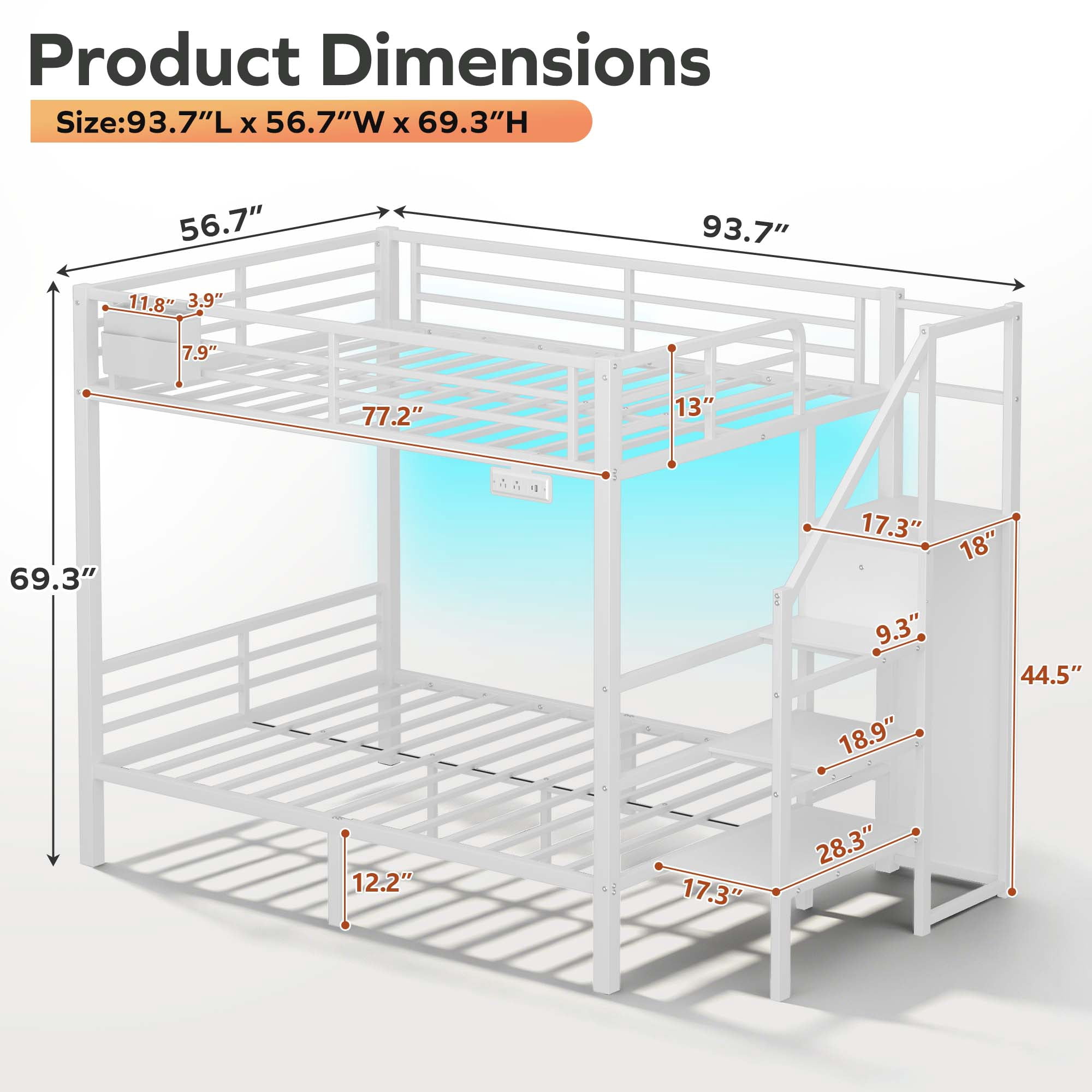 Miniyam Full Over Full Bunk Bed with Stairs, Storage and Charging Station, Metal Frame, White