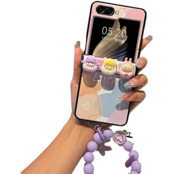 for Galaxy Z Flip 5 Case, Kawaii Character Case for Girls Women - with Bracelet, Girly Girls Women Phone Cover for Samsung Galaxy Z Flip 5 Multicolor