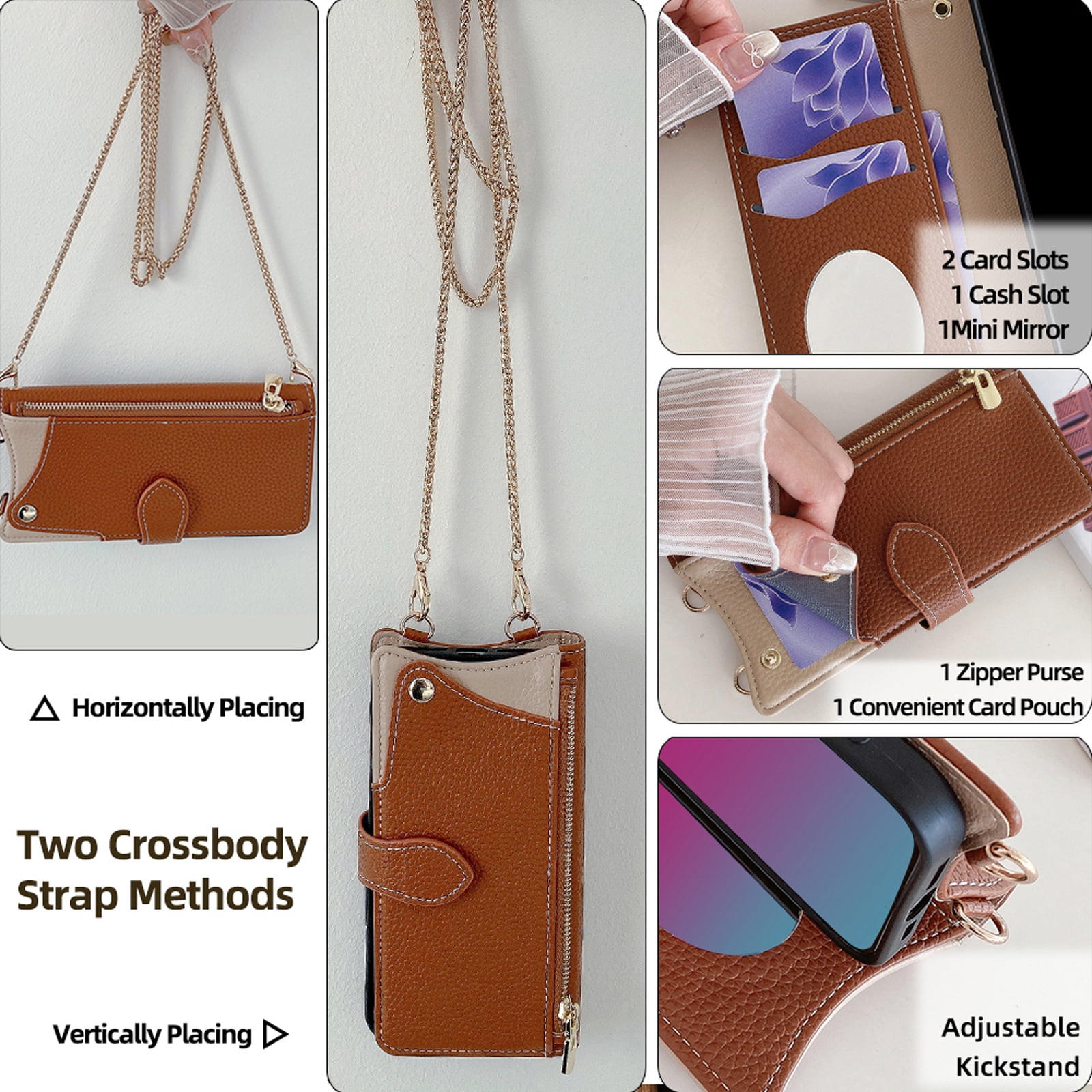 Women Girls Crossbody Strap Flip Wallet Zipper Phone Case Cover for iPhone 17 Pro Max, with Card Holder Kickstand Soft PU Leather Shoulder Chain Make-up Mirror for iPhone 17 Pro Max, Brown