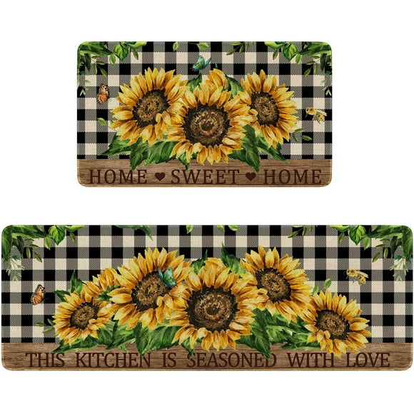 Sunflowers Kitchen Rugs Set of 2,Home Sweet Home Buffalo Plaid Holiday Kitchen Mats for Floor,Spring Summer Seasonal Non-Slip Washable Sink Mat Home Decor Doormat+Runner Rug