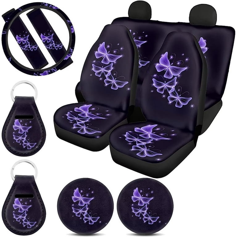 Pzuqiu Purple Butterfly Car Accessories Car Seat Covers Full Set for Women  with Steering Wheel Covers,Universal Fit Front and Rear Bench  Protection,Seat Belt Pads+Cars Coaster Holder+Keychains 