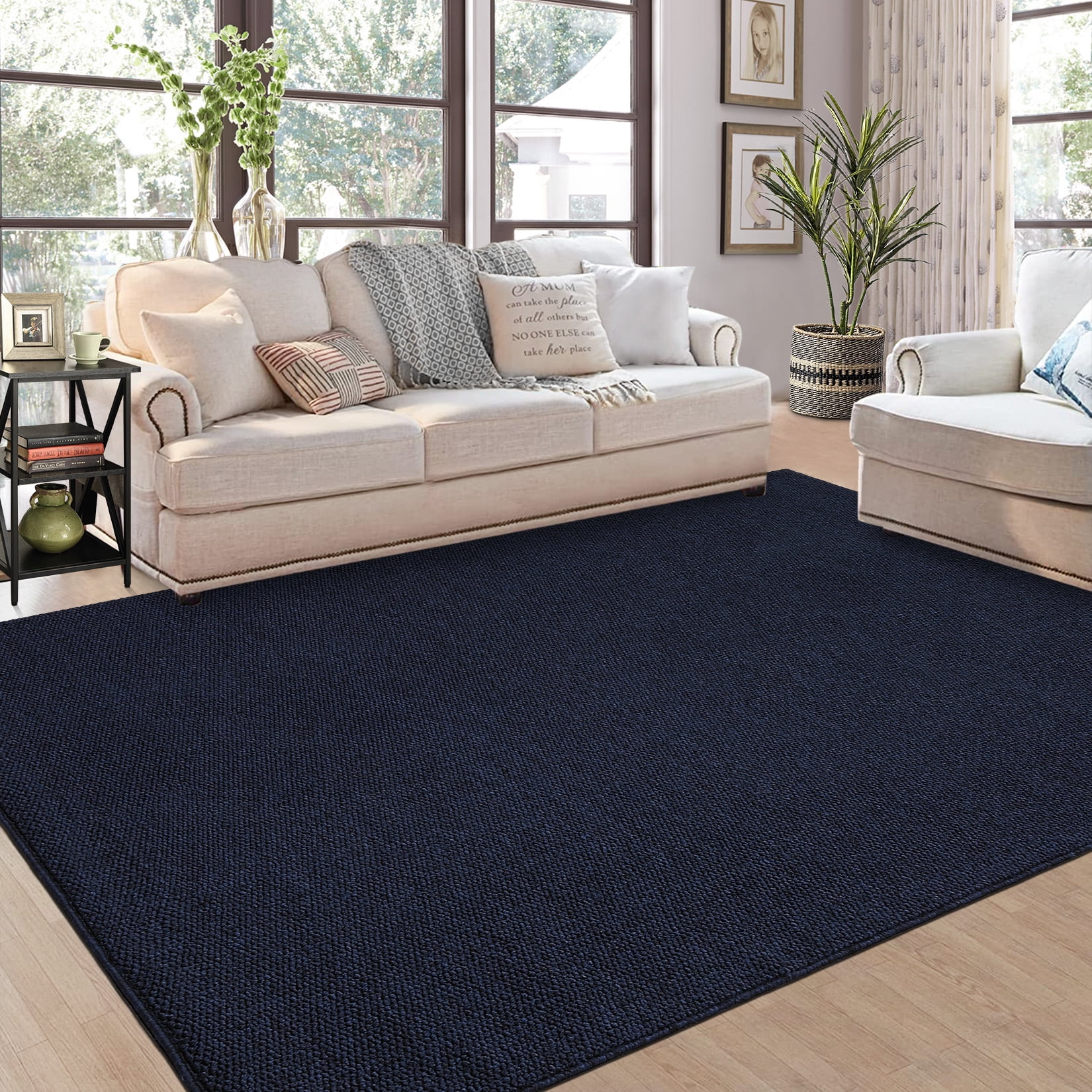 COZONY 10'x13' Washable Area Rug, Modern Textured Low-Pile Polypropylene Carpet, Stain Resistant Non-Slip Solid Accent Rug for Extra Large Living Room, Navy Blue
