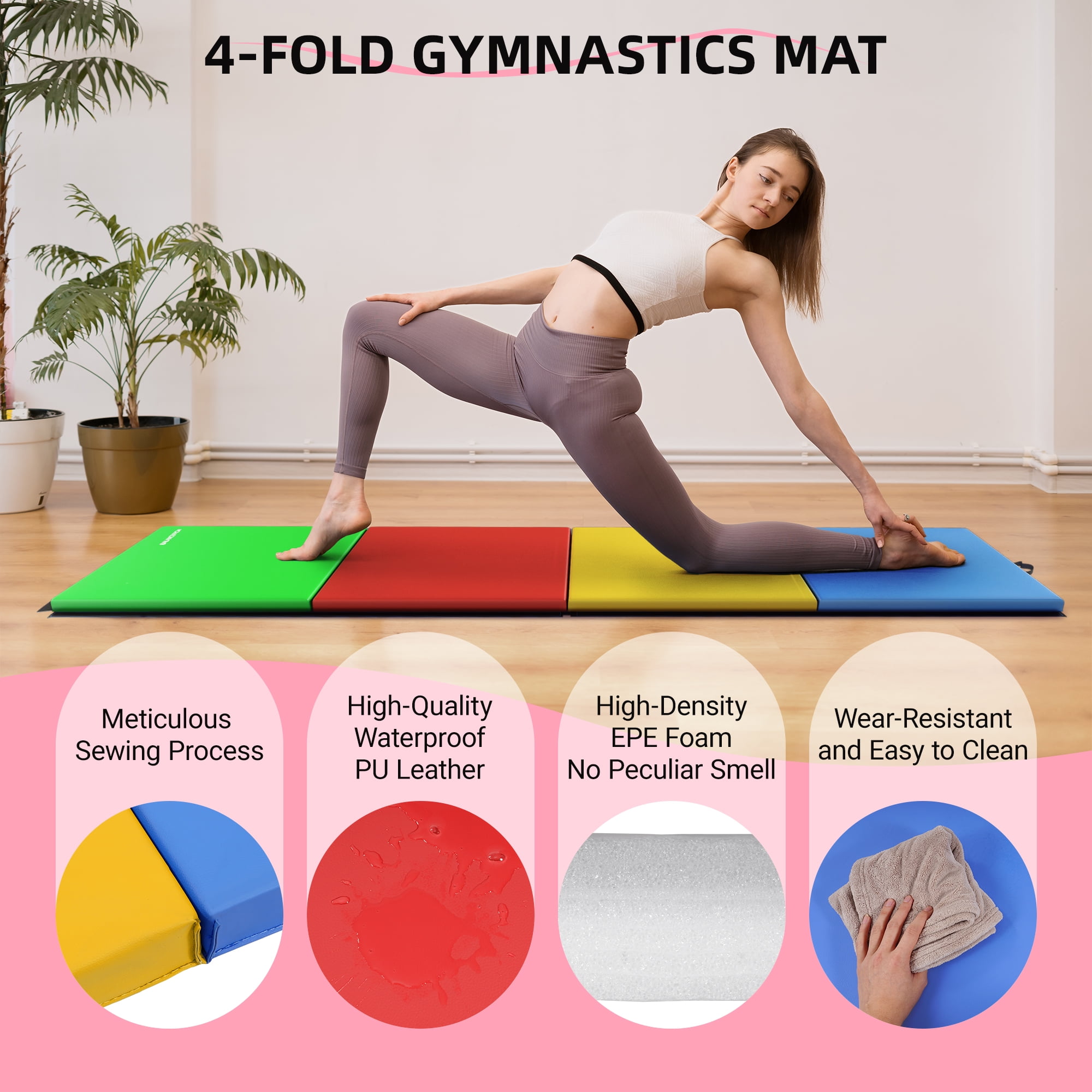 Signature Fitness 4ft x 8ft x 2in Folding Gymnastics Mat, 4-Panel Exercise Mat with Handles, PVC Leather + EPE Foam, Multiple Colors