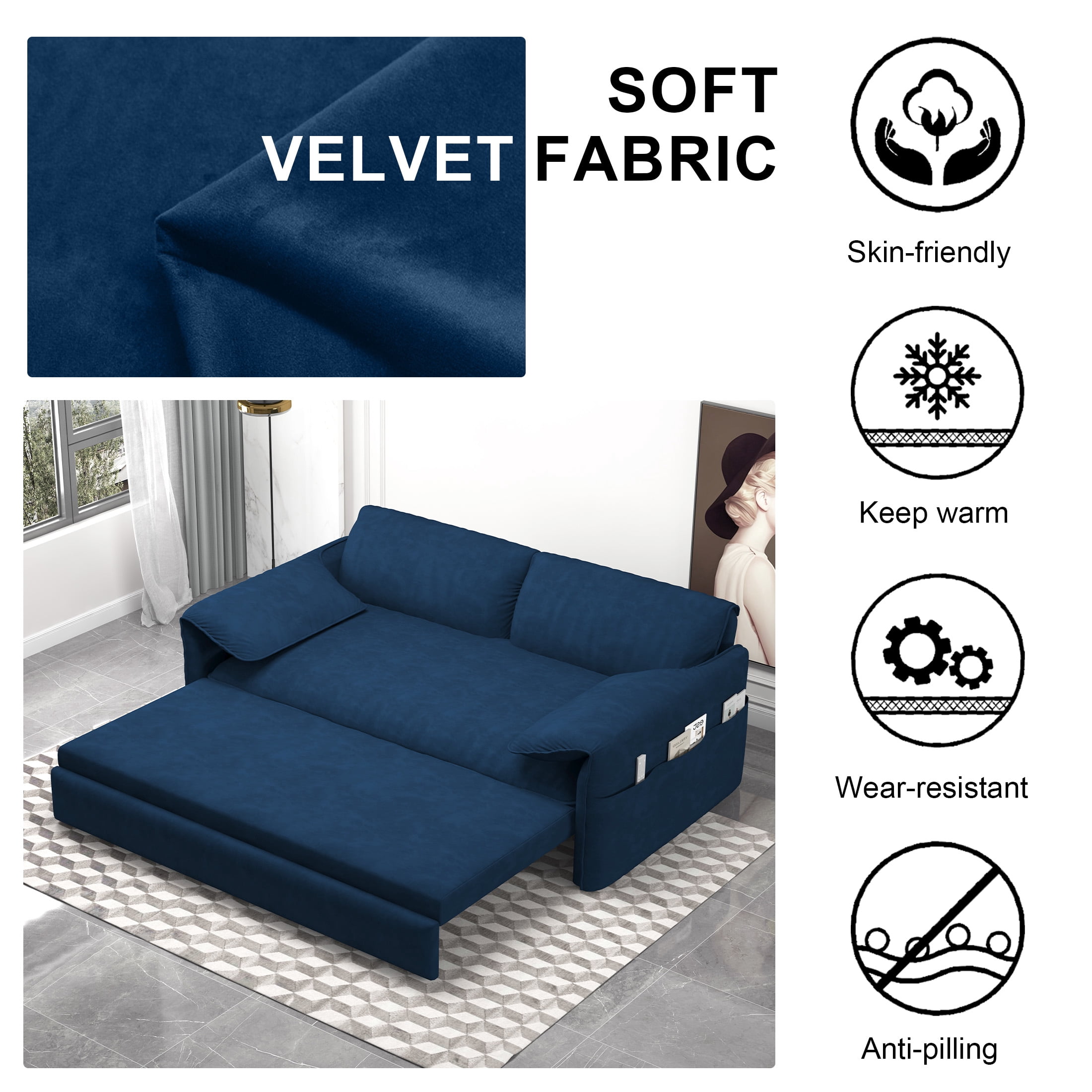Aukfa Queen Sleeper Sofa Bed, Convertible Loveseat Pull Out Sofa Couch with Side Pockets, Blue